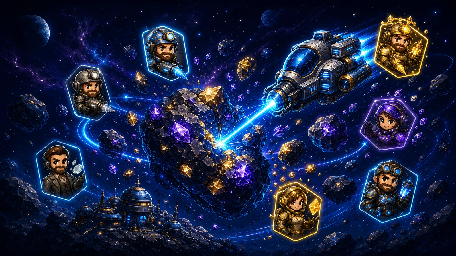星际矿工在小行星带采集矿物的太空场景